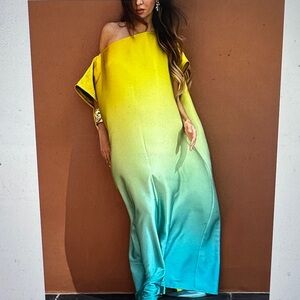 Gradient Yellow and Blue Off-Shoulder Dress
